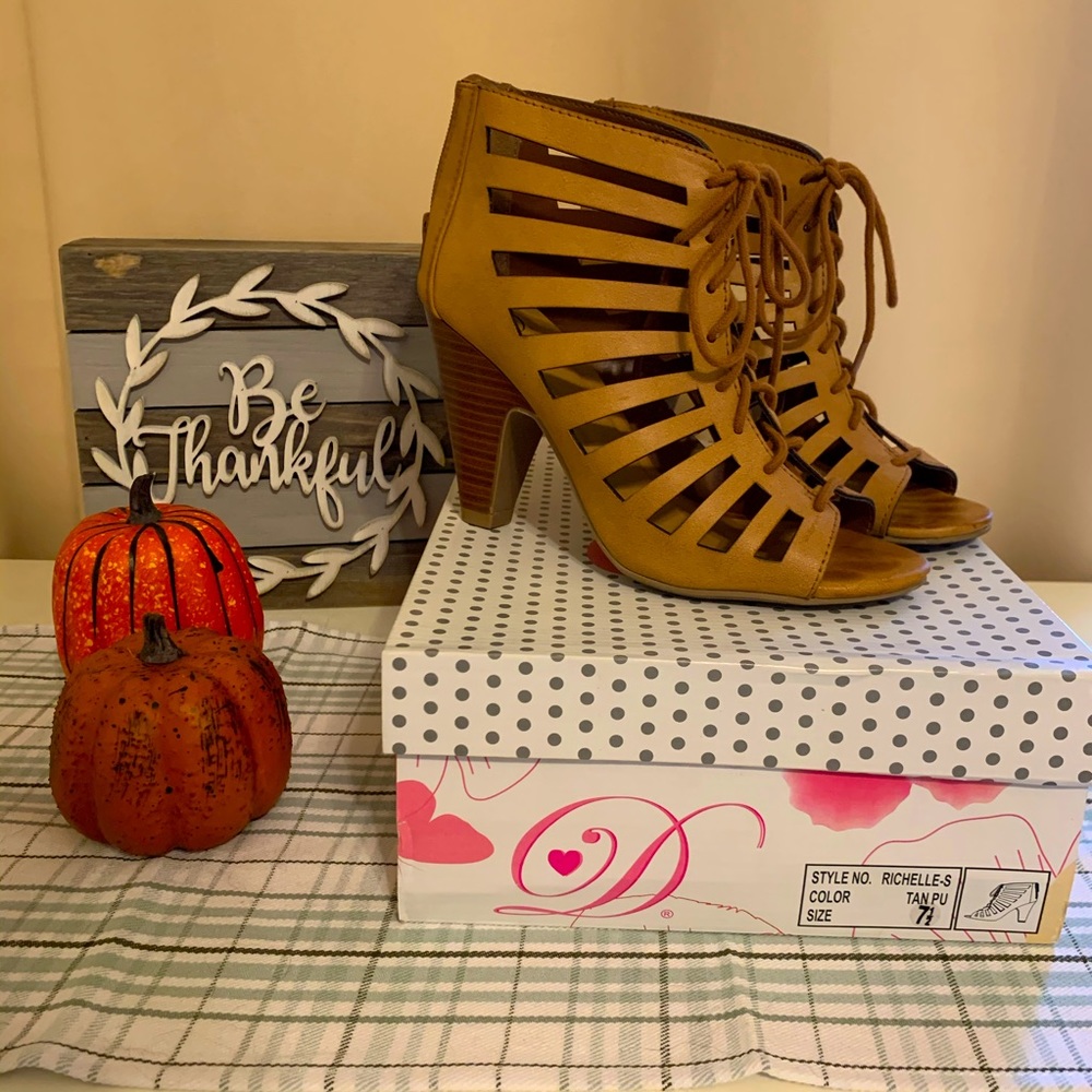 Tan lace-up wedges